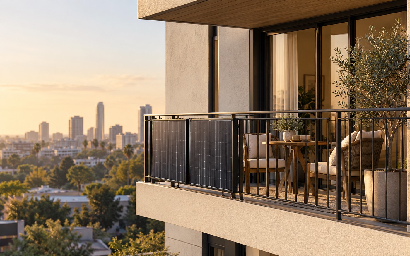 Illustration: two slim solar panels hanging on an apartment balcony railing, with a small table and a potted olive tree